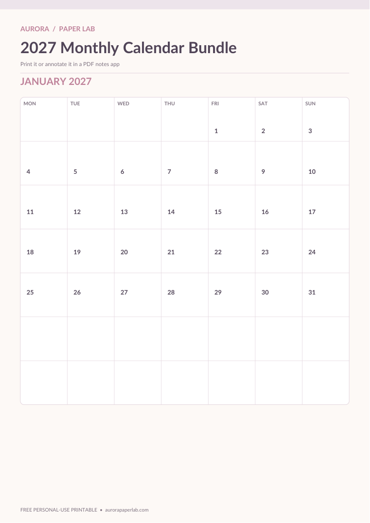 Preview of 2027 Monthly Calendar Bundle